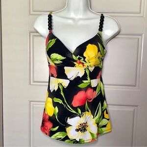 Floral Women's Tank Top with Black Beaded Straps